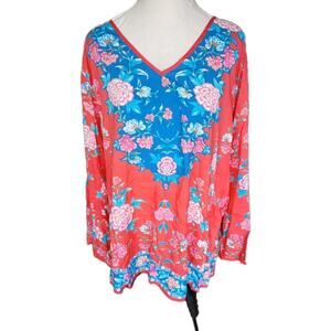 Tolani Plus Sz 3X Orange‎ Teal Tropical Print Rayon LS Casual Tunic Blouse Top